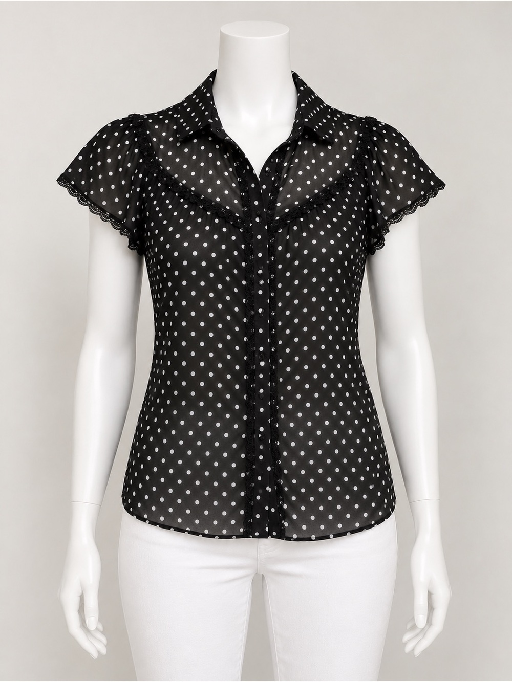 Ann Taylor Loft Women's Black Polka Dot Cap Sleeve Blouse Top Size 2